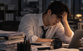 늦은 시간 책상 앞에서 고민하는 사람