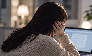 노트북 화면을 보며 생각에 잠긴 사람